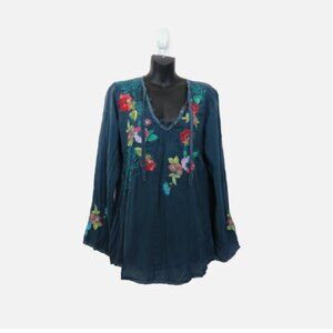 Johnny Was size Small Embroidered Scoop Neck Top Long Sleeve Boho Blue Cupra